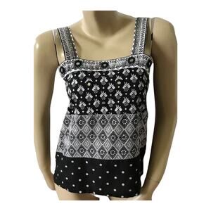 Vintage Ramona Rull Womens Small Boho Cotton Tank Top Square Neck Black White
